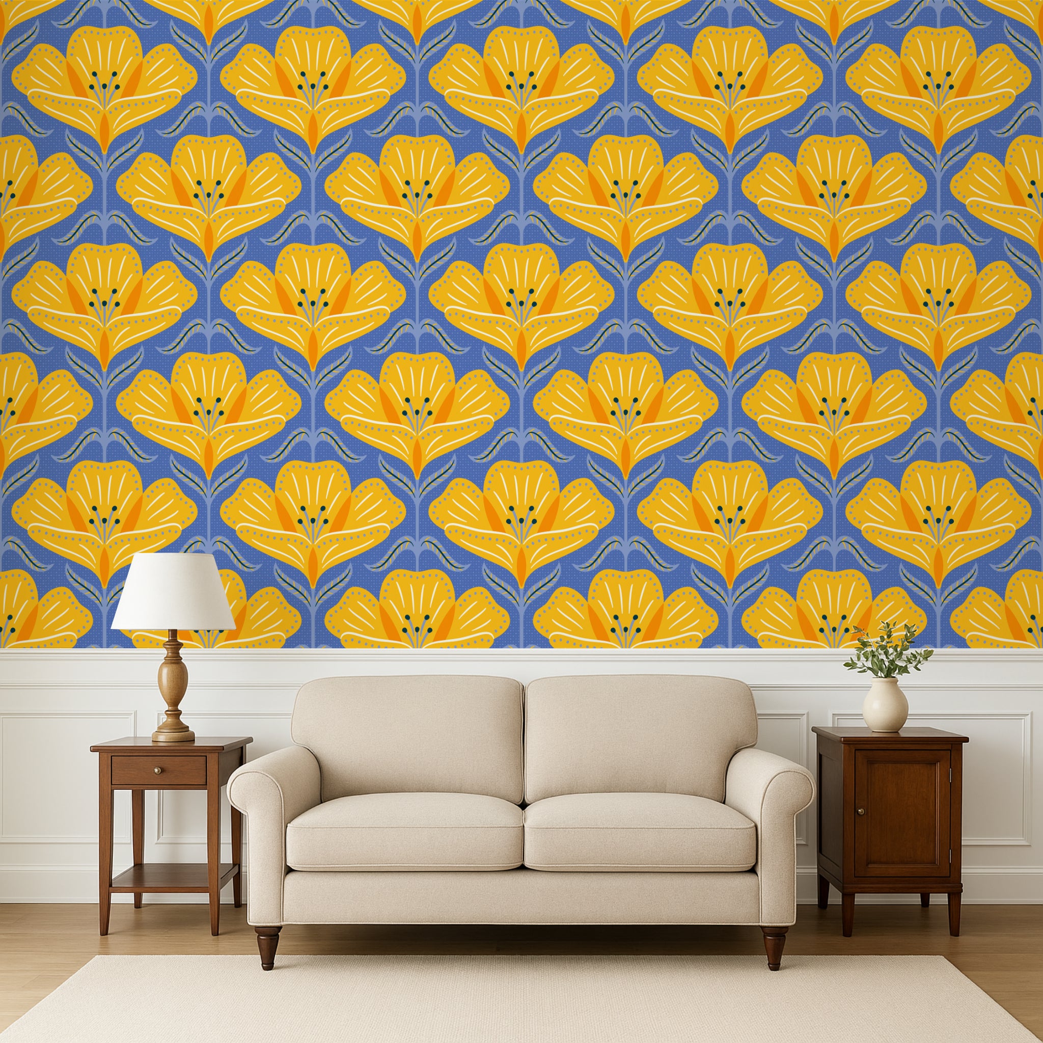 Living room with a beige sofa, wooden side tables, and a wall featuring a yellow floral pattern on a blue background.
